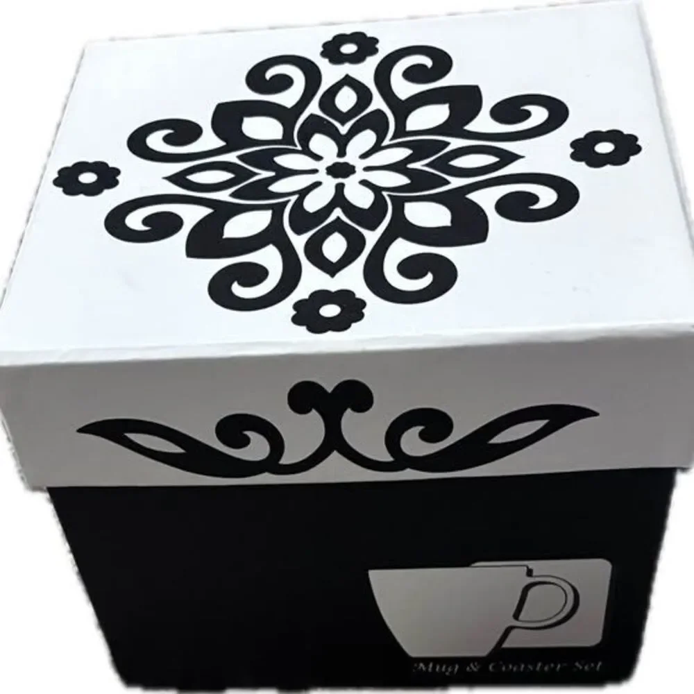 Ornate black and white damask mandala pattern Mug and Coaster Gift Set